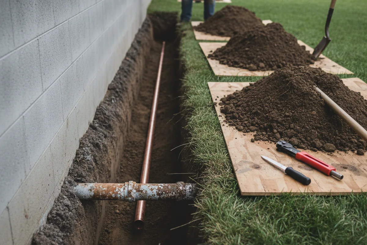 Excavated water line trench during Water Softener Installation in Crown City
